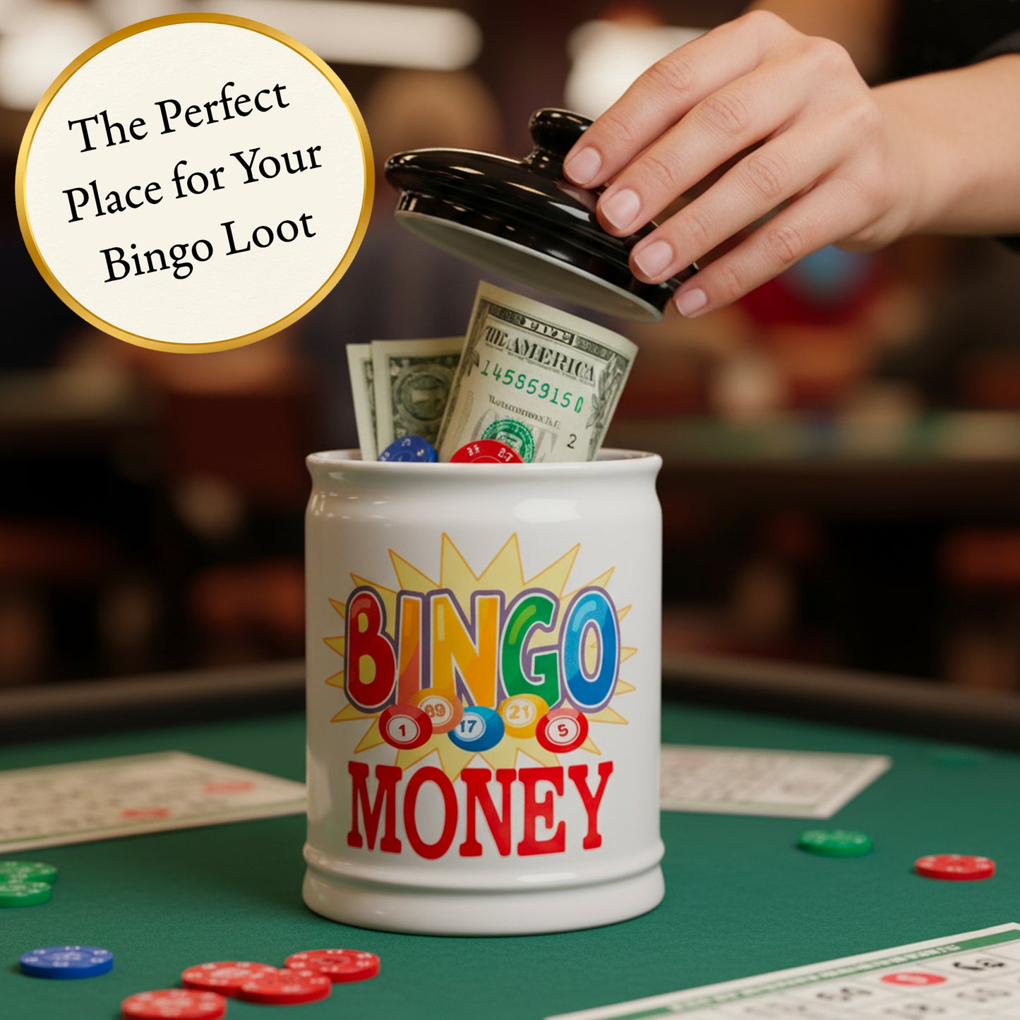 Cottage Creek Bingo Money Jar for Adults – 6" Ceramic Piggy Bank & Funny Coin Jar for Bingo Lovers, White Elephant Gifts, and Home Décor – Durable, Fun & Perfectly Gift-Boxed for Men & Women