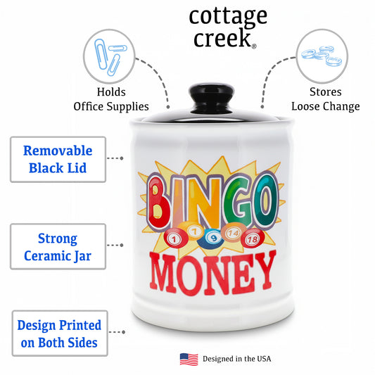 Cottage Creek Bingo Money Jar for Adults – 6" Ceramic Piggy Bank & Funny Coin Jar for Bingo Lovers, White Elephant Gifts, and Home Décor – Durable, Fun & Perfectly Gift-Boxed for Men & Women