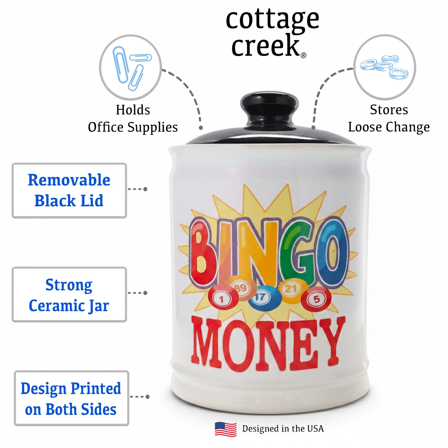 Cottage Creek Bingo Money Jar for Adults – 6" Ceramic Piggy Bank & Funny Coin Jar for Bingo Lovers, White Elephant Gifts, and Home Décor – Durable, Fun & Perfectly Gift-Boxed for Men & Women