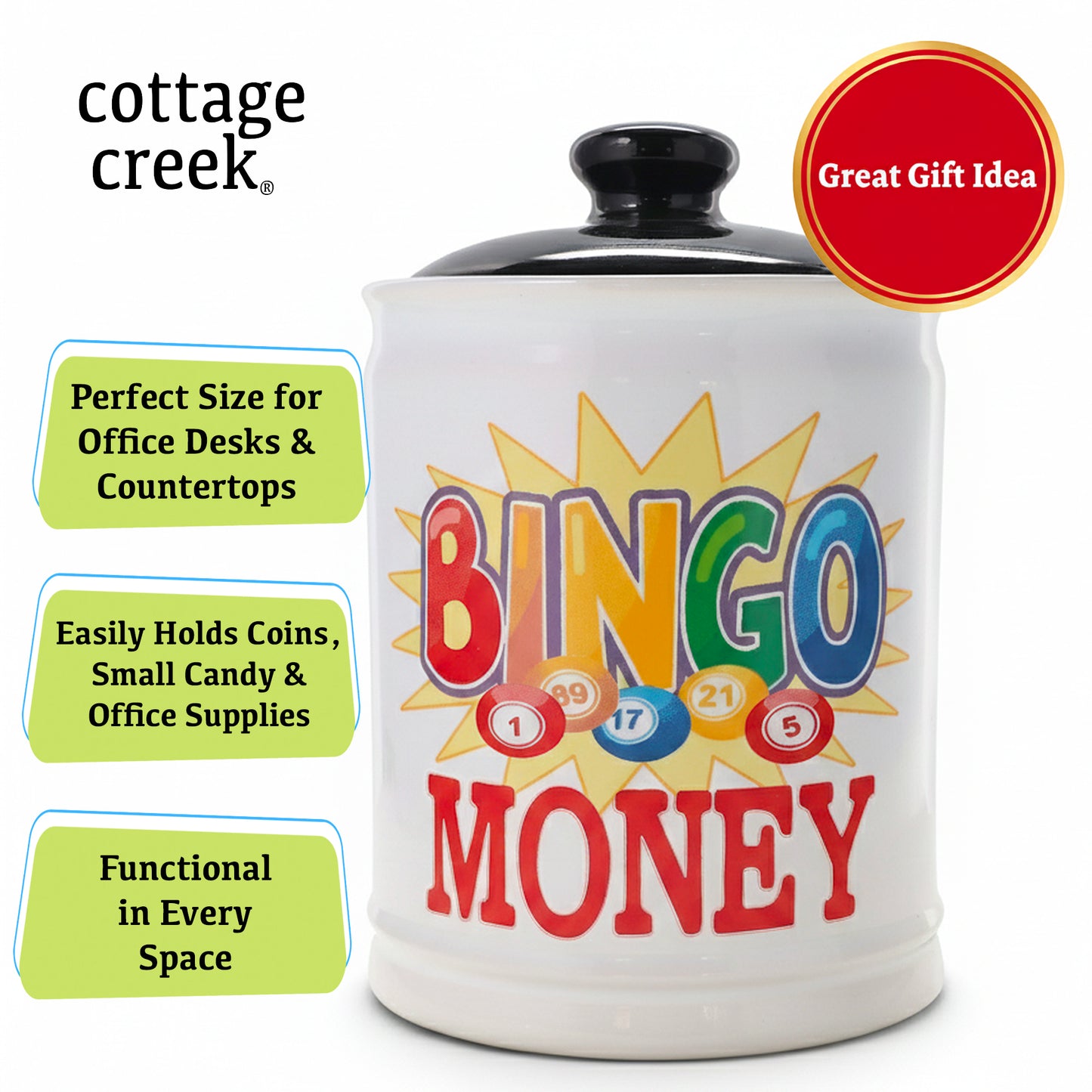 Cottage Creek Bingo Money Jar for Adults – 6" Ceramic Piggy Bank & Funny Coin Jar for Bingo Lovers, White Elephant Gifts, and Home Décor – Durable, Fun & Perfectly Gift-Boxed for Men & Women