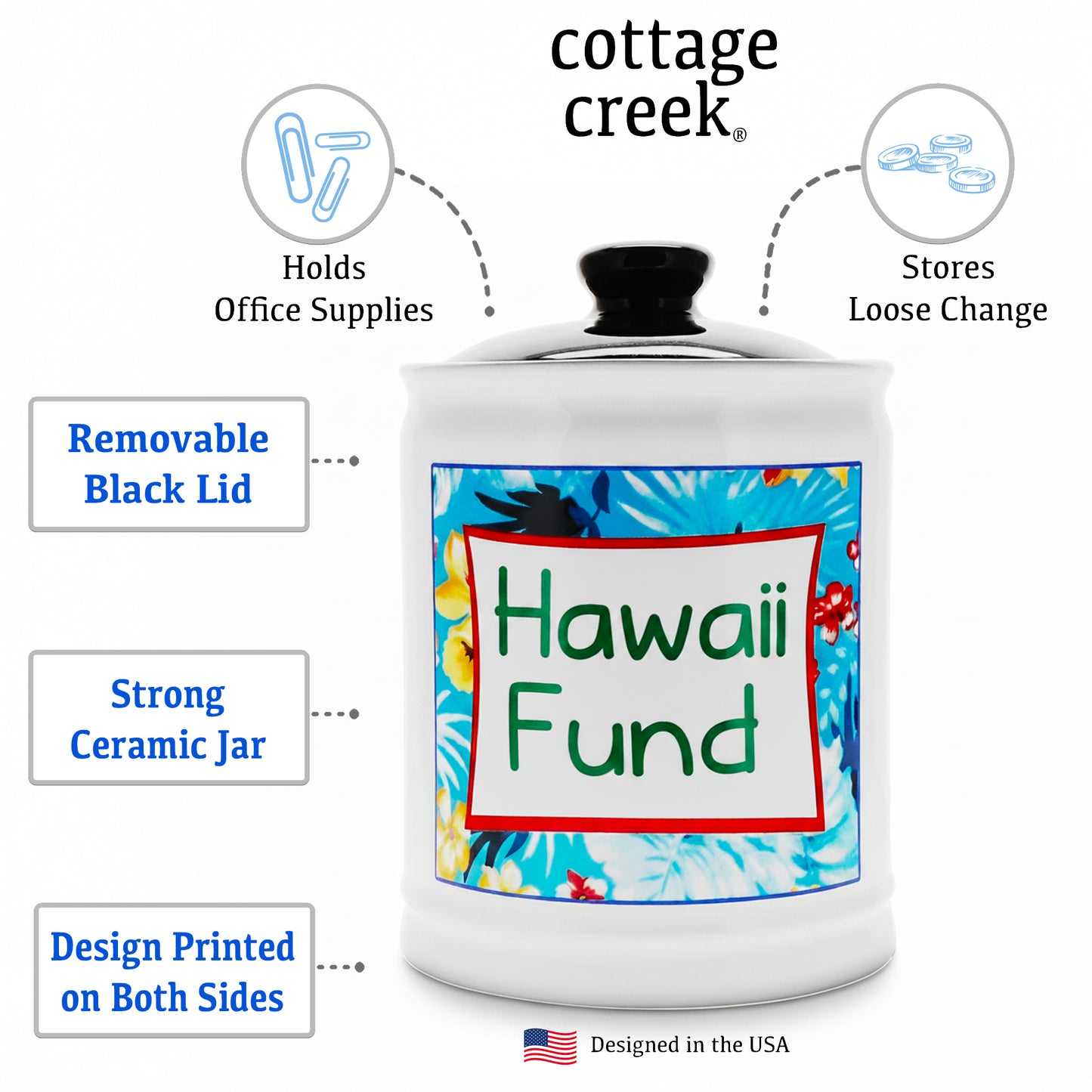 Cottage Creek Jars | Hawaii Fund Travel Bank - Ceramic Piggy Bank for Vacation & Travel Essentials Money Jar for Women, Men, Couples | Engagement Gift & Vacation Accessories Storage Container