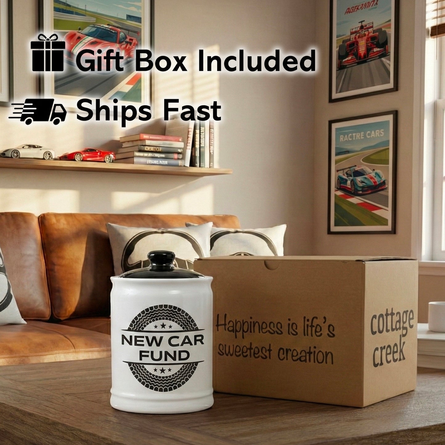 Cottage Creek Jars | New Car Fund Piggy Bank | Car Accessories Ceramic Jar for Office & Home Decor | Stocking Stuffers & Christmas Gifts for Men, Teens, Women, Friends