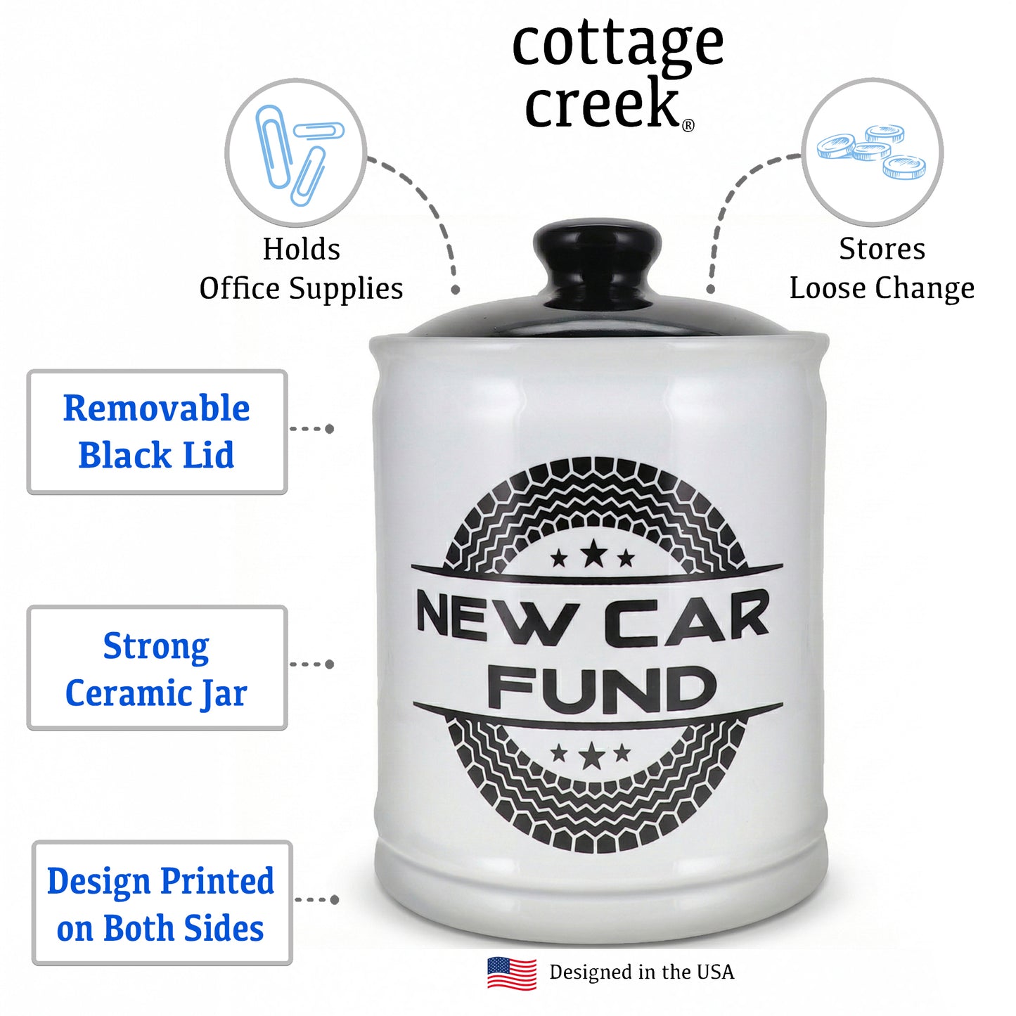 Cottage Creek Jars | New Car Fund Piggy Bank | Car Accessories Ceramic Jar for Office & Home Decor | Stocking Stuffers & Christmas Gifts for Men, Teens, Women, Friends