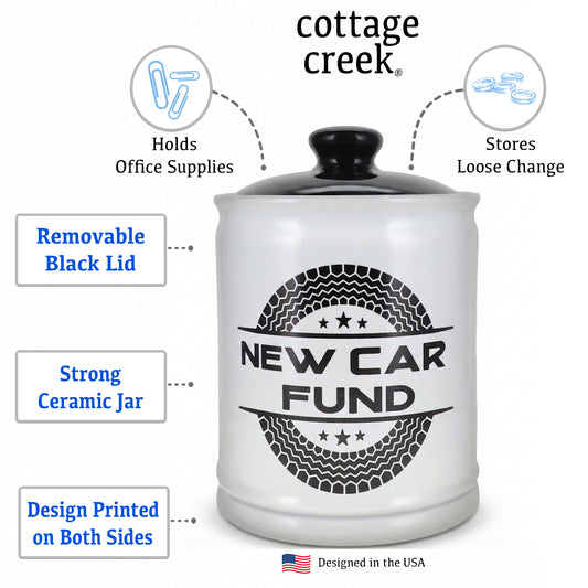 Cottage Creek Jars | New Car Fund Piggy Bank | Car Accessories Ceramic Jar for Office & Home Decor | Stocking Stuffers & Christmas Gifts for Men, Teens, Women, Friends