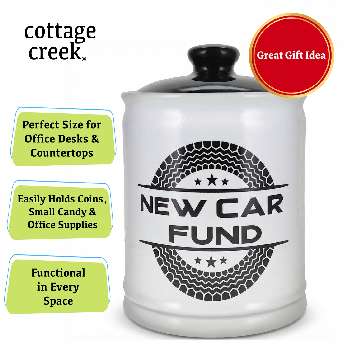 Cottage Creek Jars | New Car Fund Piggy Bank | Car Accessories Ceramic Jar for Office & Home Decor | Stocking Stuffers & Christmas Gifts for Men, Teens, Women, Friends