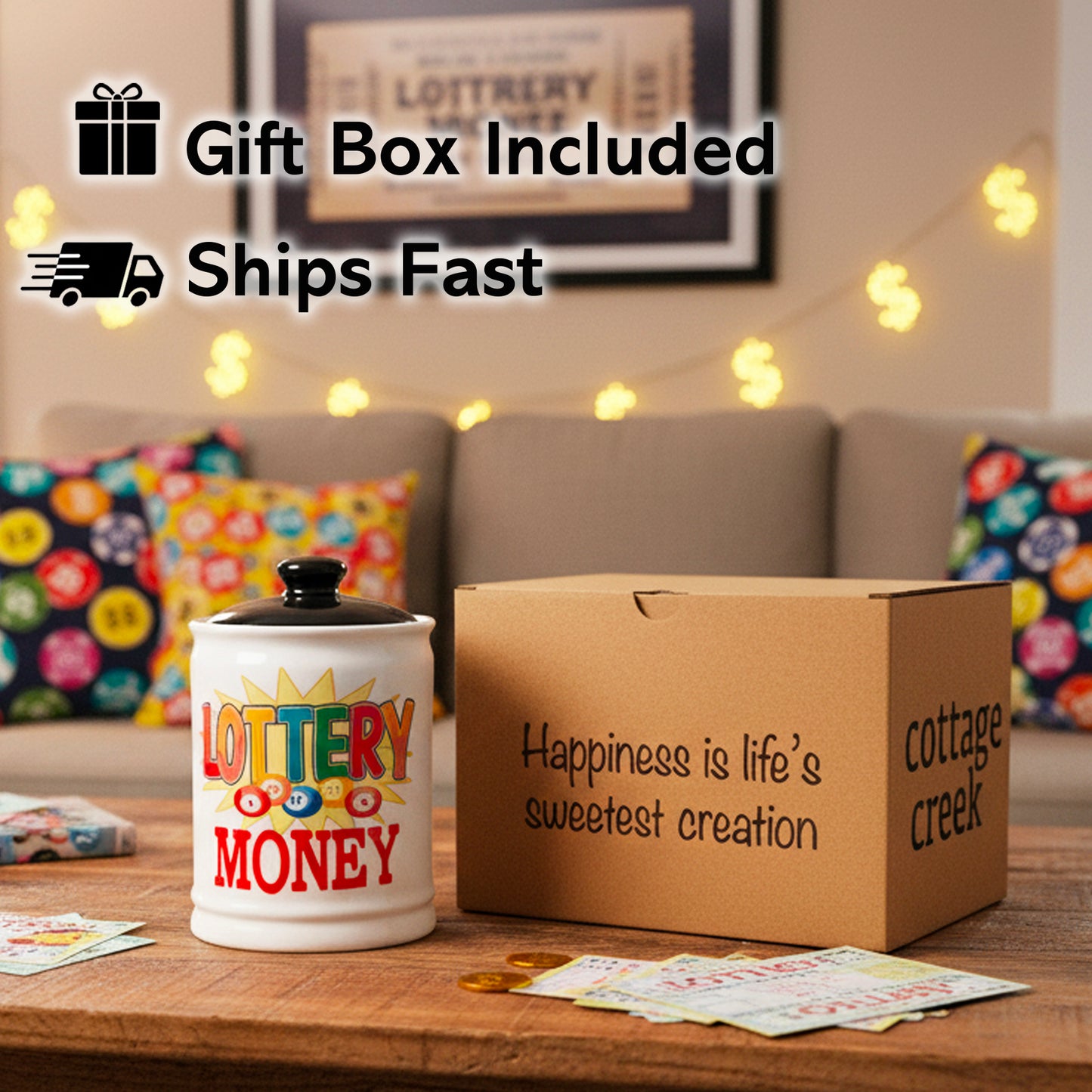 Cottage Creek Jars | Lottery Money Piggy Bank for Adults Storage Jar | Lottery Ticket Holder Ceramic Jar for Office & Home Decor | Lotto Gifts & Christmas Gifts for Women, Men, Grandparents, Friends