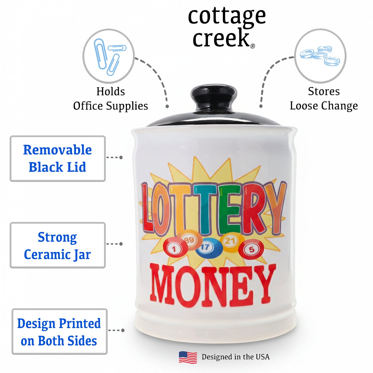 Cottage Creek Jars | Lottery Money Piggy Bank for Adults Storage Jar | Lottery Ticket Holder Ceramic Jar for Office & Home Decor | Lotto Gifts & Christmas Gifts for Women, Men, Grandparents, Friends