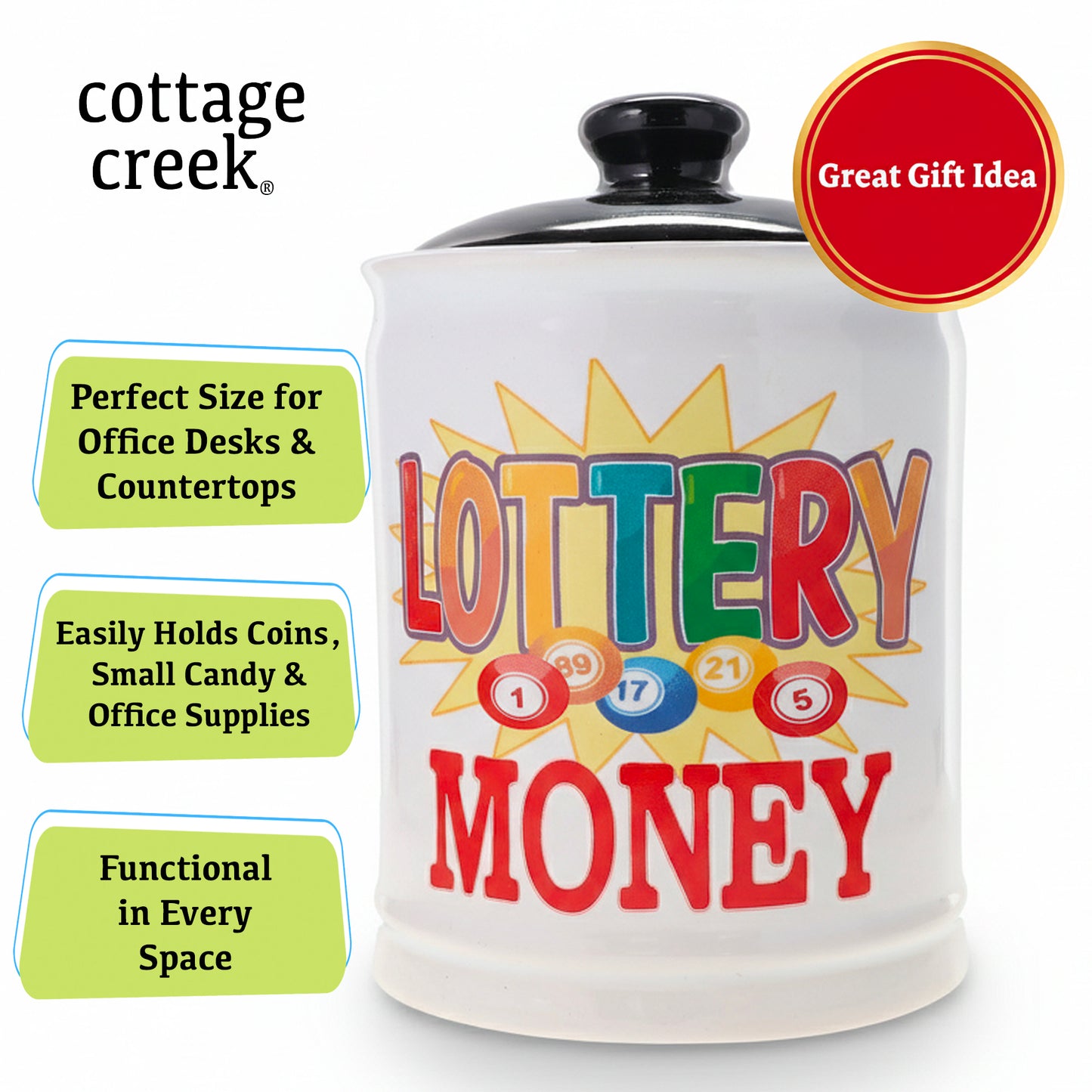 Cottage Creek Jars | Lottery Money Piggy Bank for Adults Storage Jar | Lottery Ticket Holder Ceramic Jar for Office & Home Decor | Lotto Gifts & Christmas Gifts for Women, Men, Grandparents, Friends
