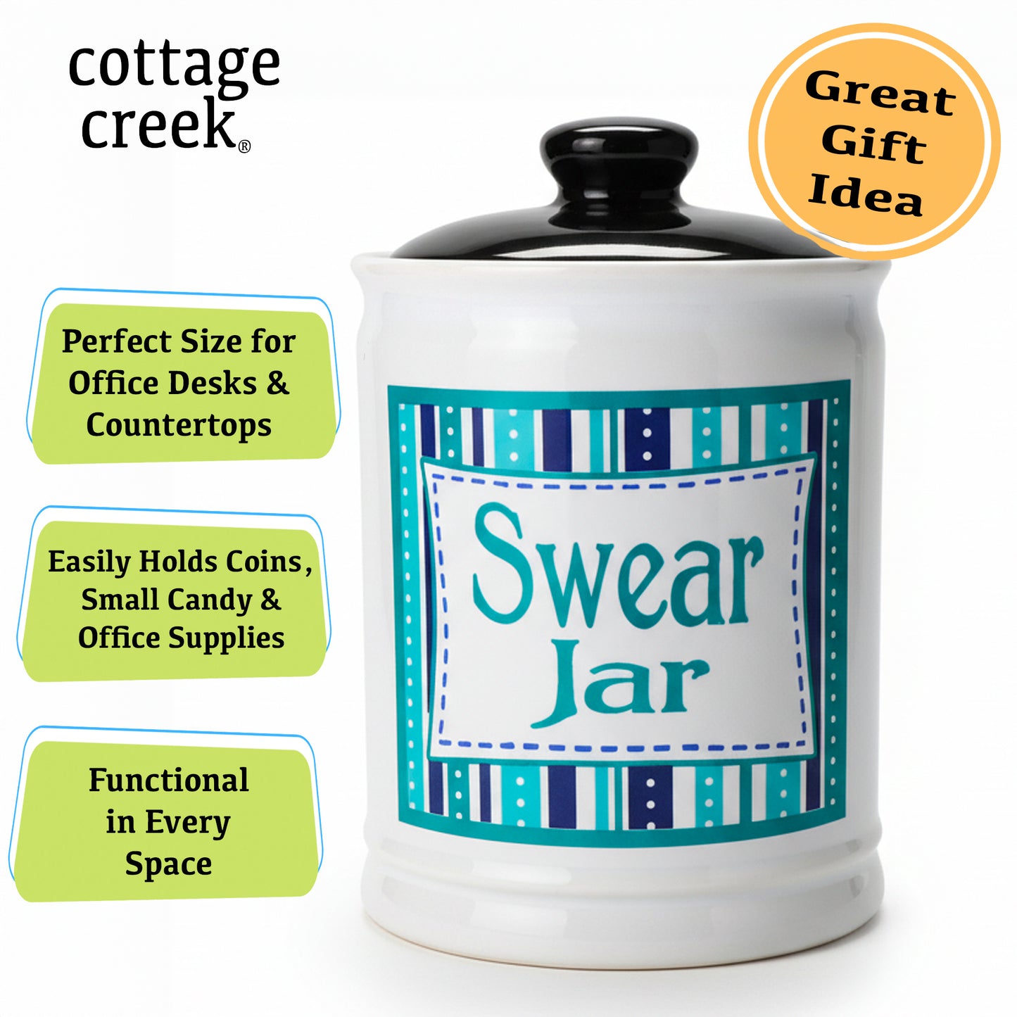Cottage Creek Ceramic Swear Jar | 6-Inch Swearing Jar Piggy Bank | Unique Desk Decor for Home, Office, & Kitchen Counter | Perfect for Birthday, White Elephant & Christmas Gifts for Men & Women