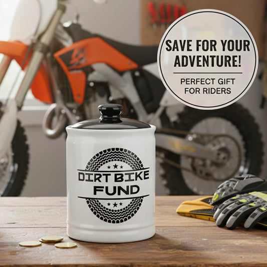 Cottage Creek Dirt Bike Fund Ceramic Jar with Lid - Fun Piggy Bank & Candy Jar, Perfect Gifts for Men, Dad, & Boyfriend - Cool Desk Decor & Man Cave Accessories for Motorcycle, Motocross, & ATV Riders