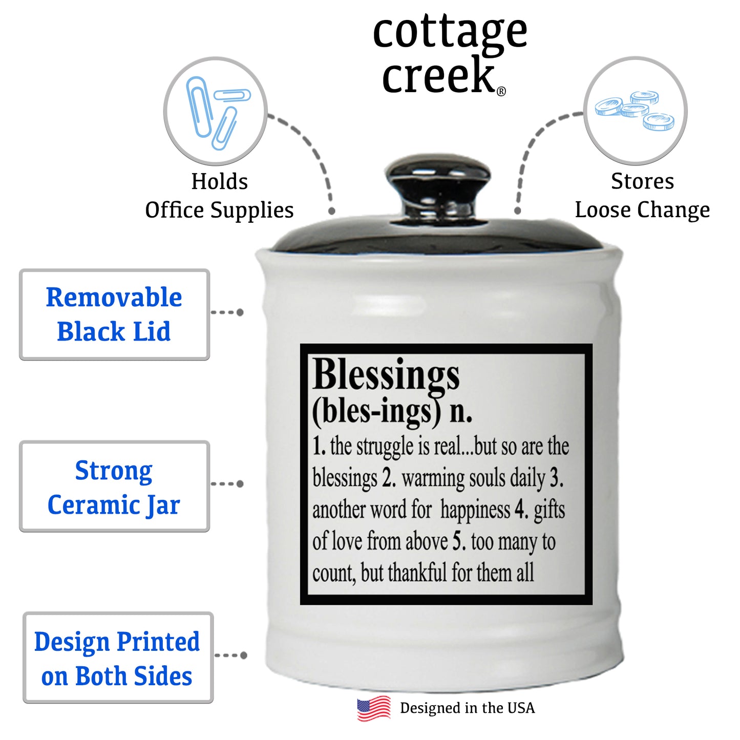 Blessings Jar, Ceramic Gratitude Piggy Bank, 6", Multicolored