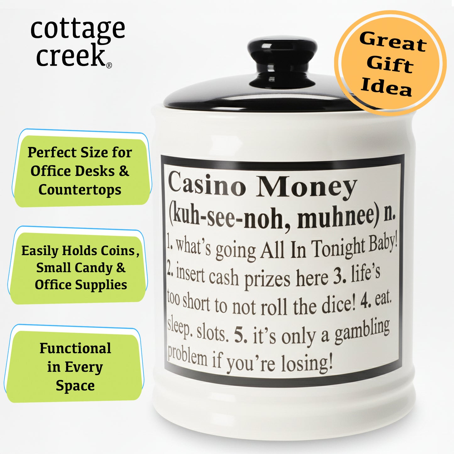 Cottage Creek Casino Money Slot Machine Piggy Bank, Ceramic Gambling Jar, Vegas Themed Gifts for Gamblers, Men, Women, Birthday, Christmas & White Elephant Parties, Casino Decor for Home & Office