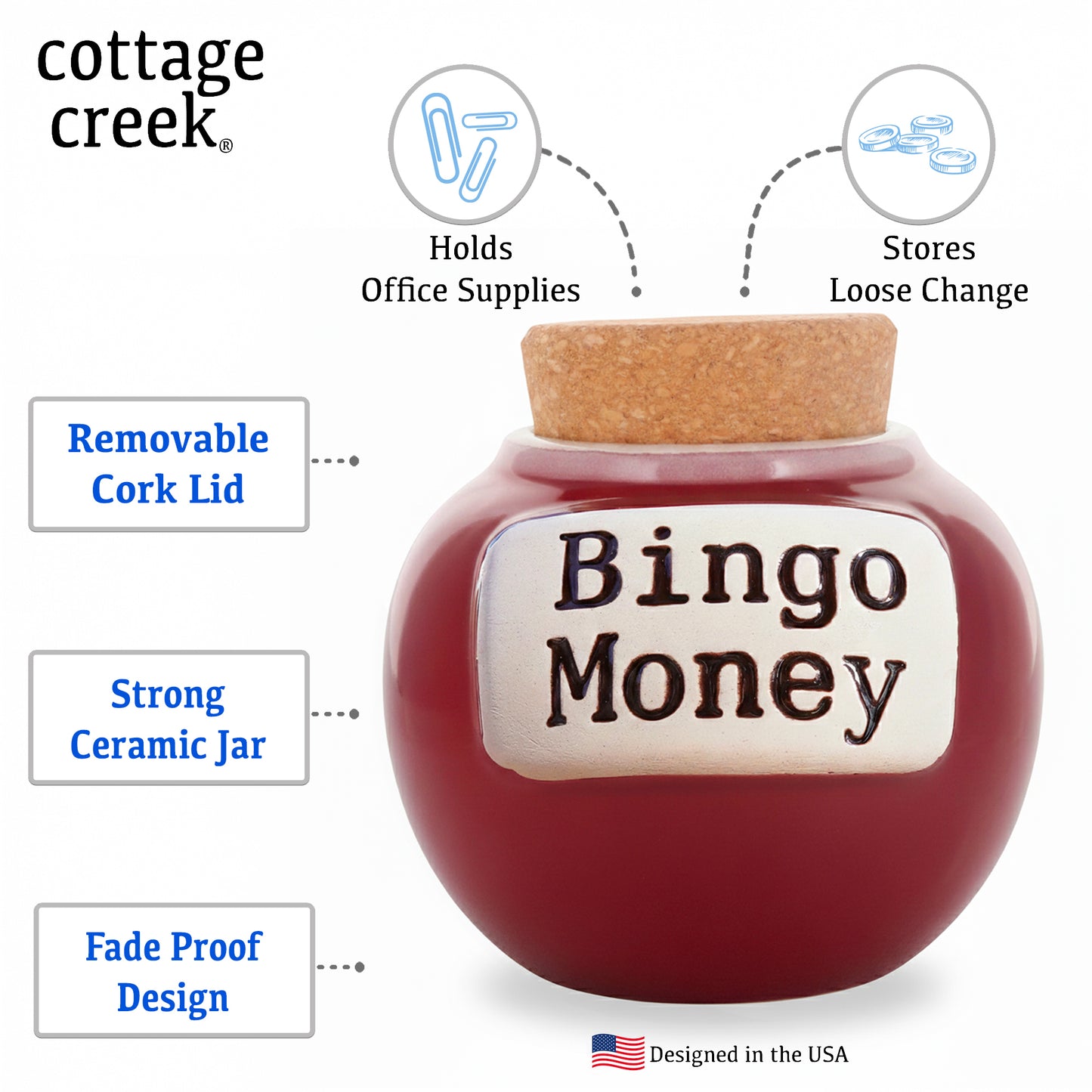 Cottage Creek Bingo Money Jar – 6” Red Ceramic Piggy Bank for Adults, Funny Coin Jar, and Bingo Accessories Storage – Perfect for Home Décor, Gifts for Women, Men and Bingo Lovers of All Ages