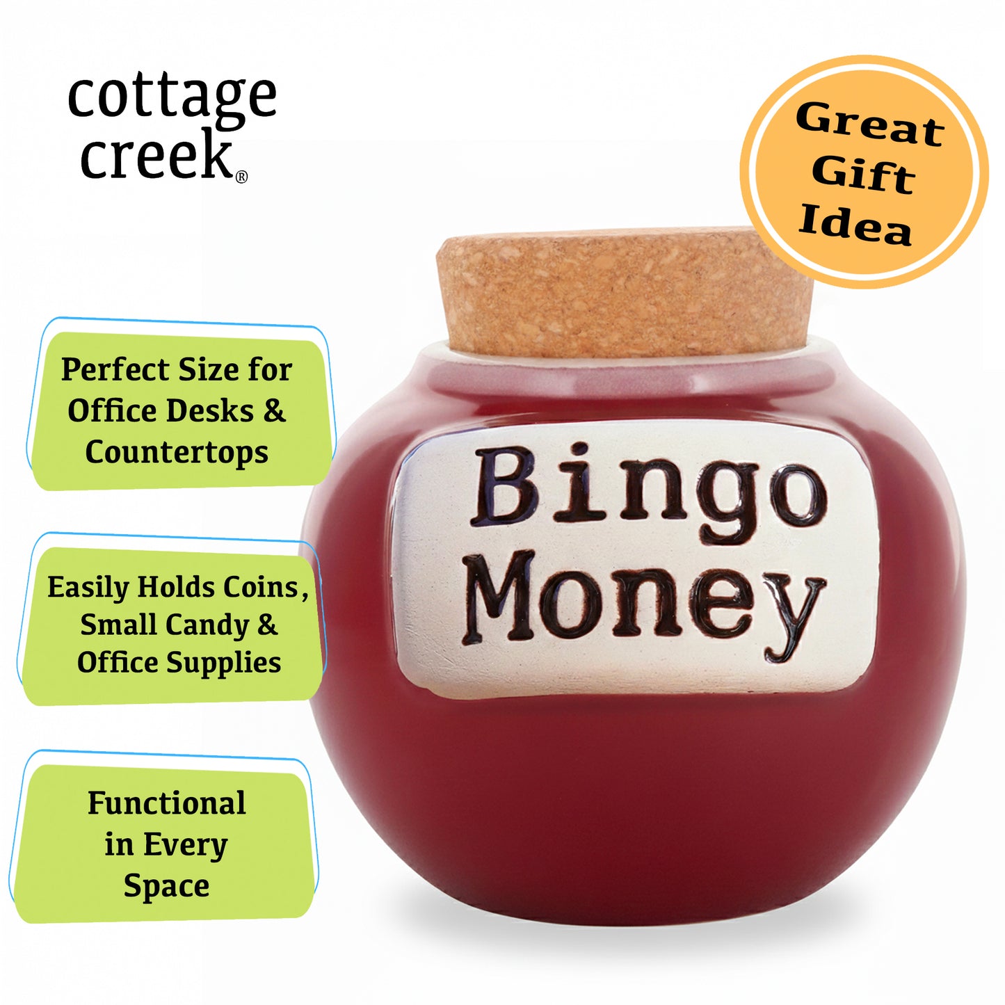 Cottage Creek Bingo Money Jar – 6” Red Ceramic Piggy Bank for Adults, Funny Coin Jar, and Bingo Accessories Storage – Perfect for Home Décor, Gifts for Women, Men and Bingo Lovers of All Ages