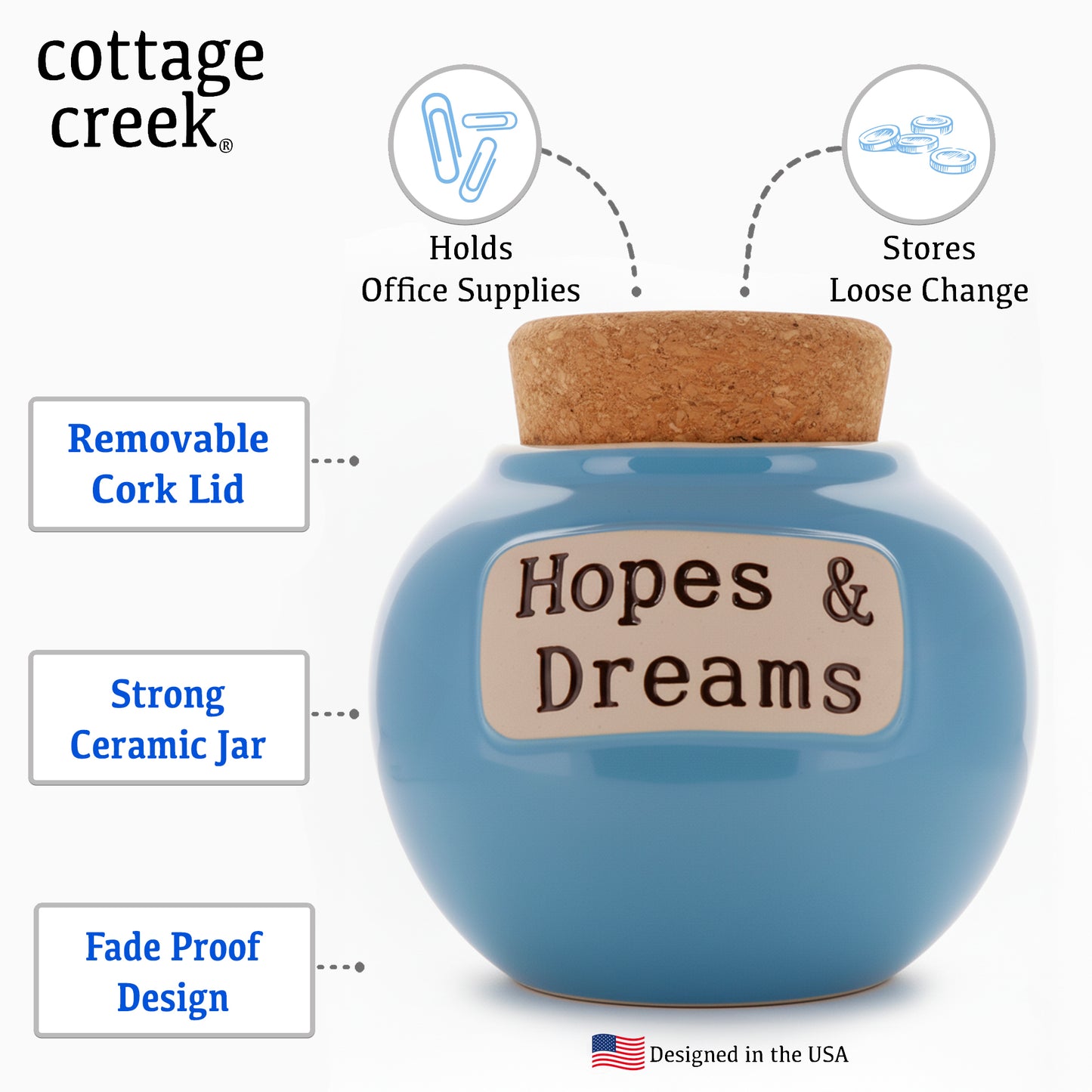 Cottage Creek | Ceramic Hopes & Dreams Blessings Jar, Gratitude Jar for Home Decor | Storage Container, Piggy Bank & Keepsake Box for Prayer Cards | Stocking Stuffers, Christmas Gifts for Women, Men