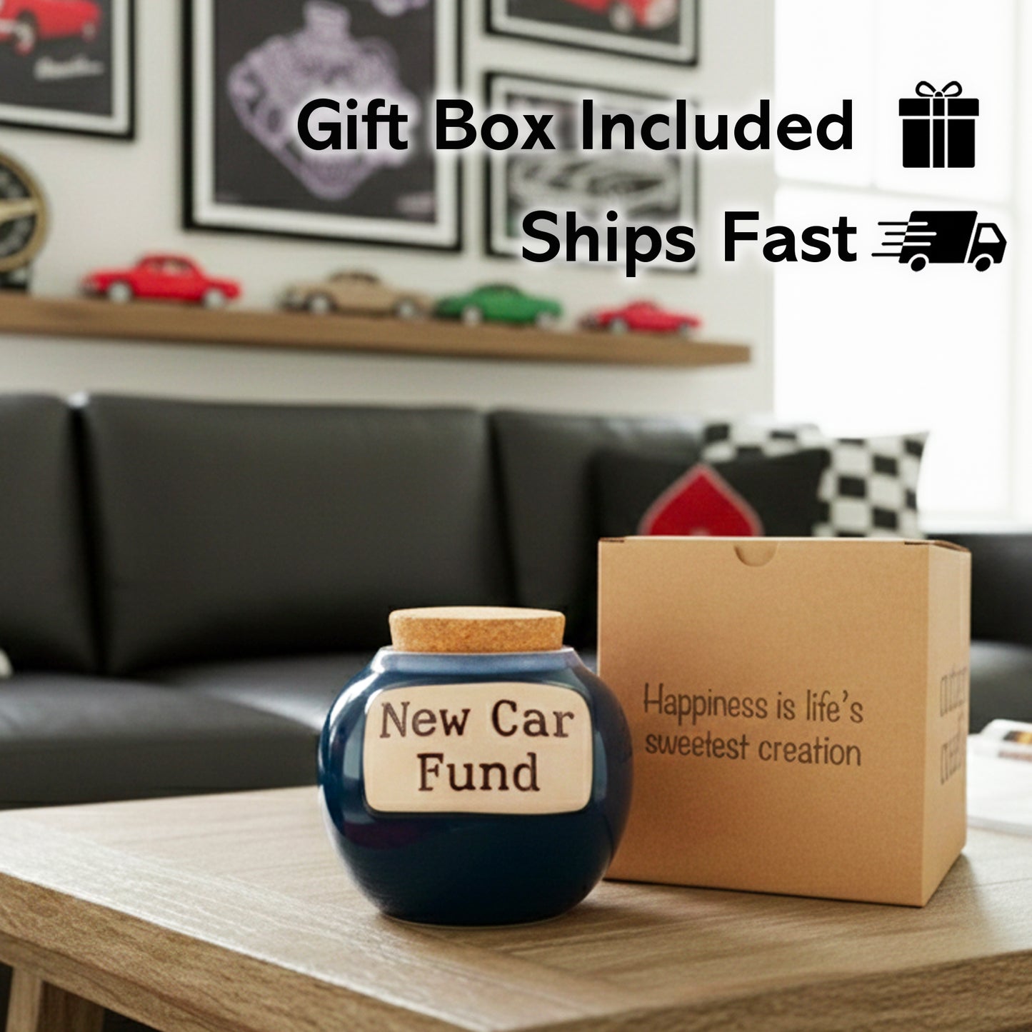 Cottage Creek Jars | Blue New Car Fund Piggy Bank | Car Accessories Ceramic Jar for Office & Home Decor | Stocking Stuffers & Christmas Gifts for Men, Teens, Women, Friends