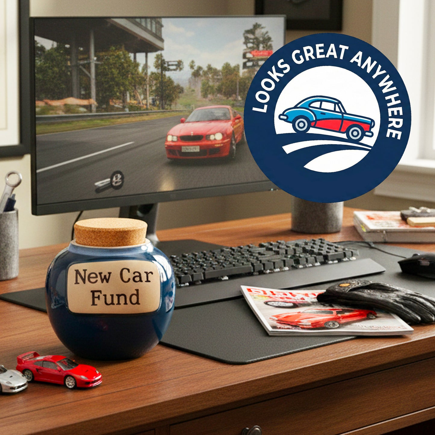 Cottage Creek Jars | Blue New Car Fund Piggy Bank | Car Accessories Ceramic Jar for Office & Home Decor | Stocking Stuffers & Christmas Gifts for Men, Teens, Women, Friends