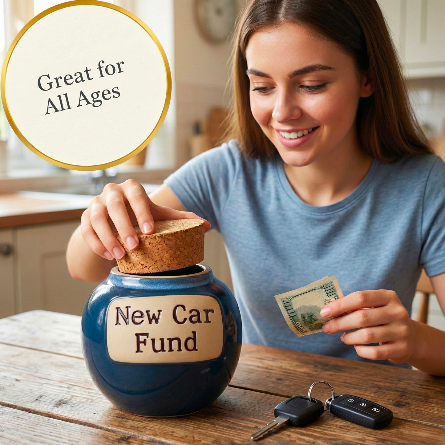 Cottage Creek Jars | Blue New Car Fund Piggy Bank | Car Accessories Ceramic Jar for Office & Home Decor | Stocking Stuffers & Christmas Gifts for Men, Teens, Women, Friends