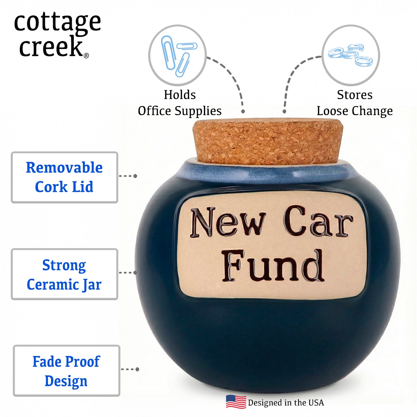 Cottage Creek Jars | Blue New Car Fund Piggy Bank | Car Accessories Ceramic Jar for Office & Home Decor | Stocking Stuffers & Christmas Gifts for Men, Teens, Women, Friends
