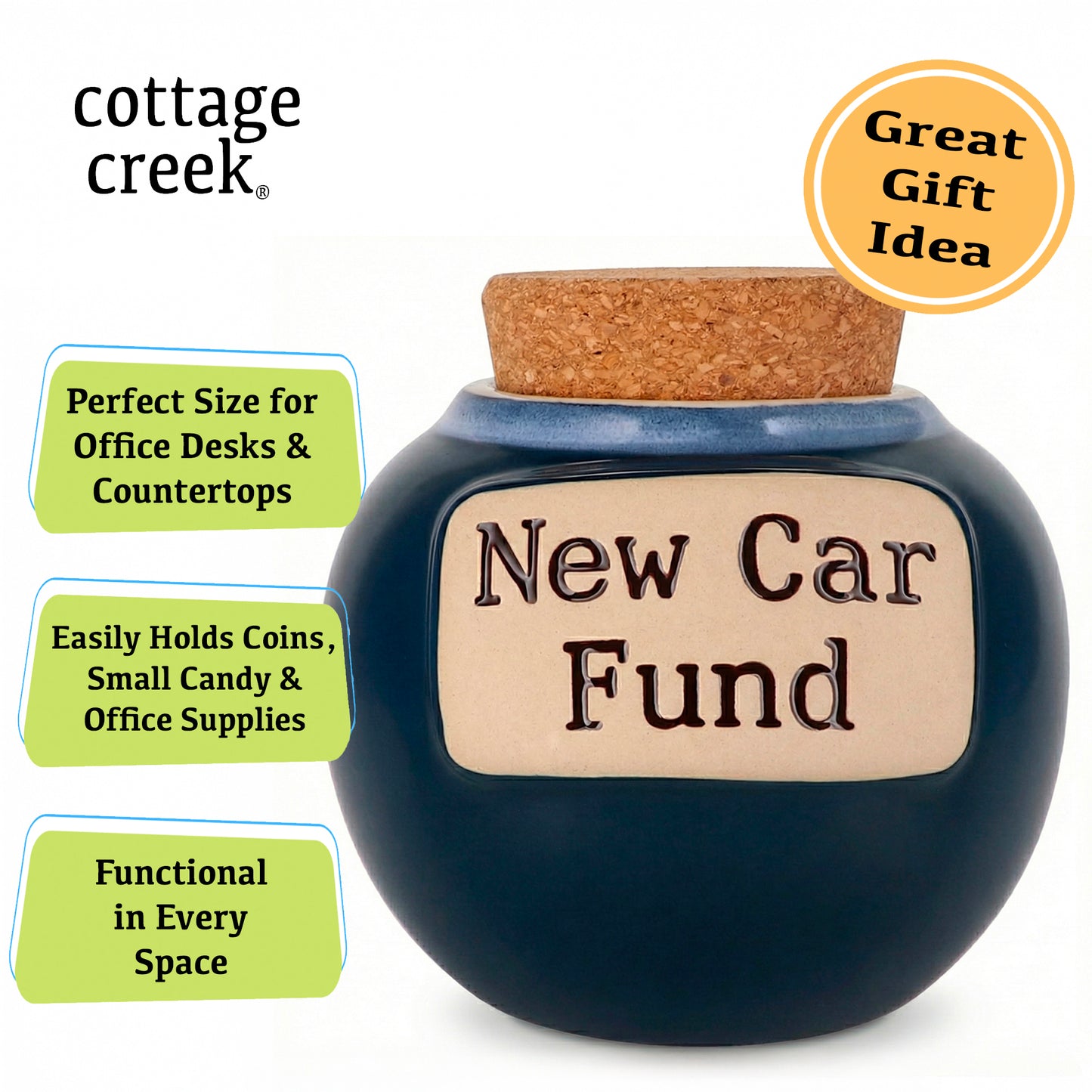 Cottage Creek Jars | Blue New Car Fund Piggy Bank | Car Accessories Ceramic Jar for Office & Home Decor | Stocking Stuffers & Christmas Gifts for Men, Teens, Women, Friends