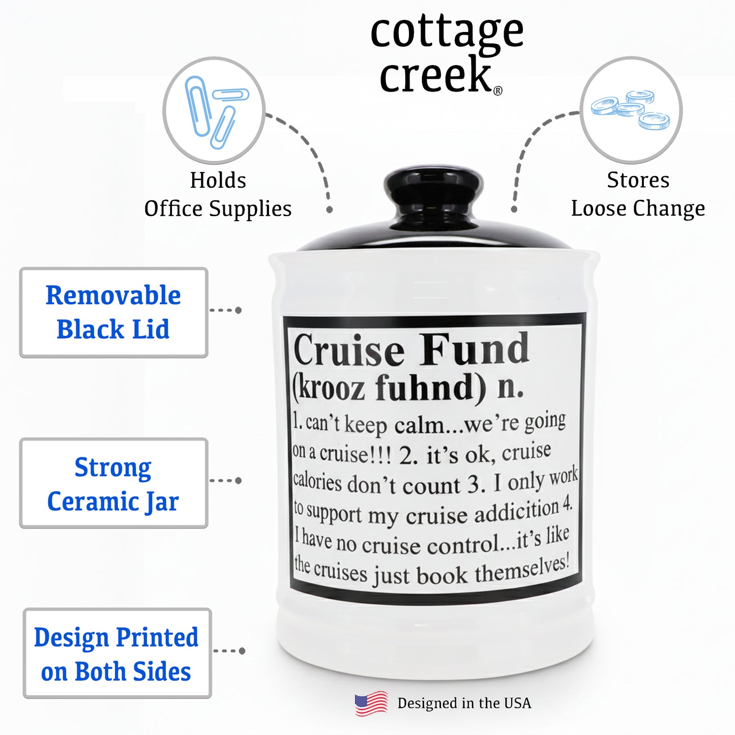 Cottage Creek Jars | Cruise Fund Piggy Bank, Travel Essentials Vacation Money Jar | Fun Birthday Gifts for Women, Men, Couples | Ceramic Travel Fund Bank, 6-Inch White Cruise Essentials Jar