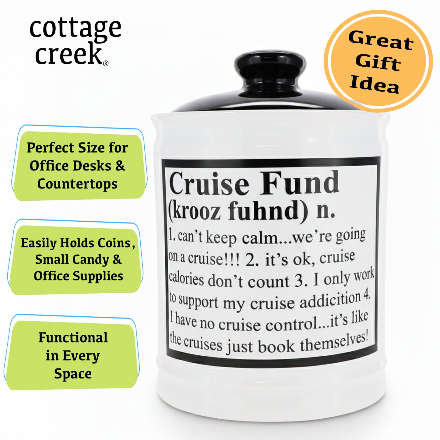 Cottage Creek Jars | Cruise Fund Piggy Bank, Travel Essentials Vacation Money Jar | Fun Birthday Gifts for Women, Men, Couples | Ceramic Travel Fund Bank, 6-Inch White Cruise Essentials Jar