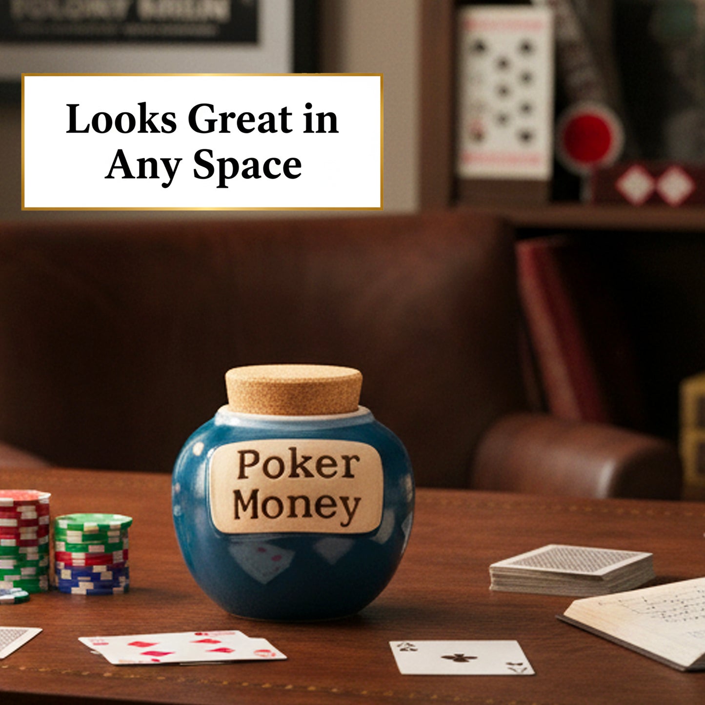 Cottage Creek Jars | Poker Money Piggy Bank Casino Jar, Blue Ceramic Slot Machine Coin Bank | Christmas Gifts for Women, Men, Friends | Gambling Gift Ideas for Poker Players and Casino Lovers
