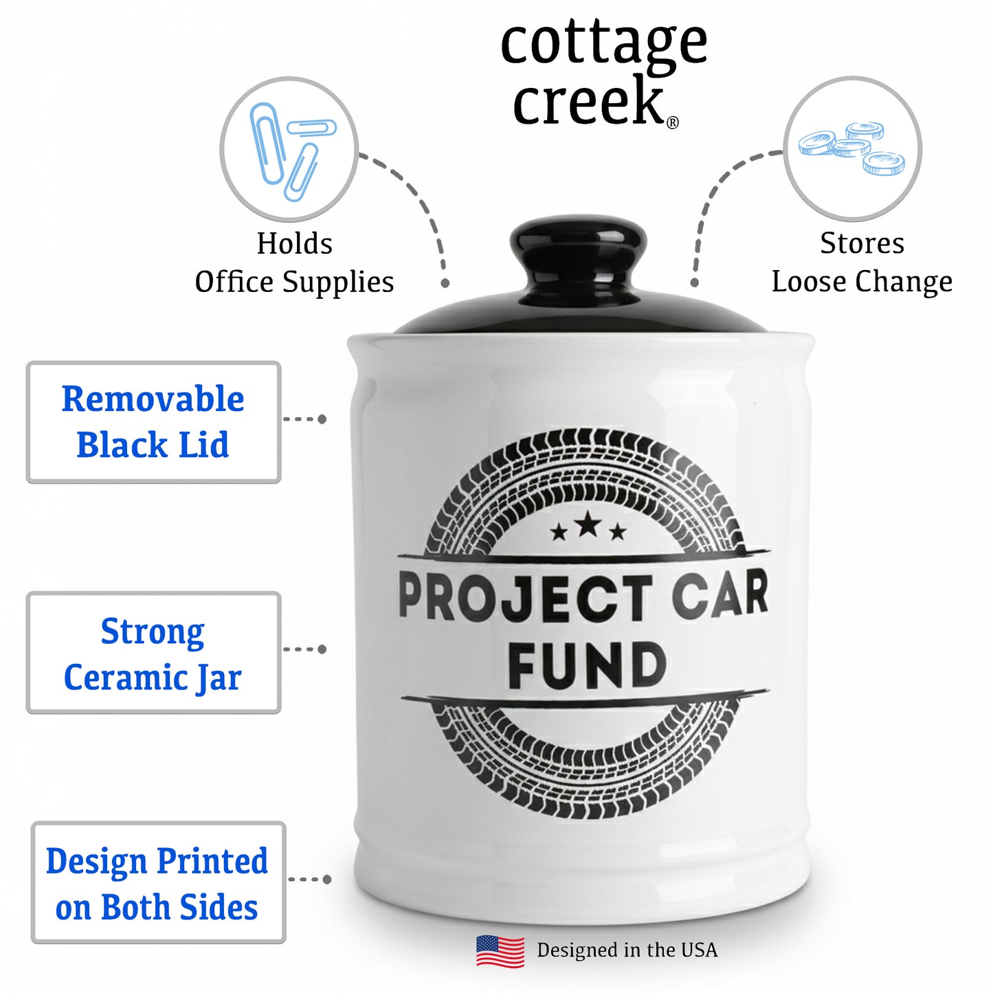 Cottage Creek Jars | Project Car Fund Piggy Bank | Car Accessories Ceramic Jar for Office & Home Decor | Stocking Stuffers & Christmas Gifts for Men, Teens, Women, Friends