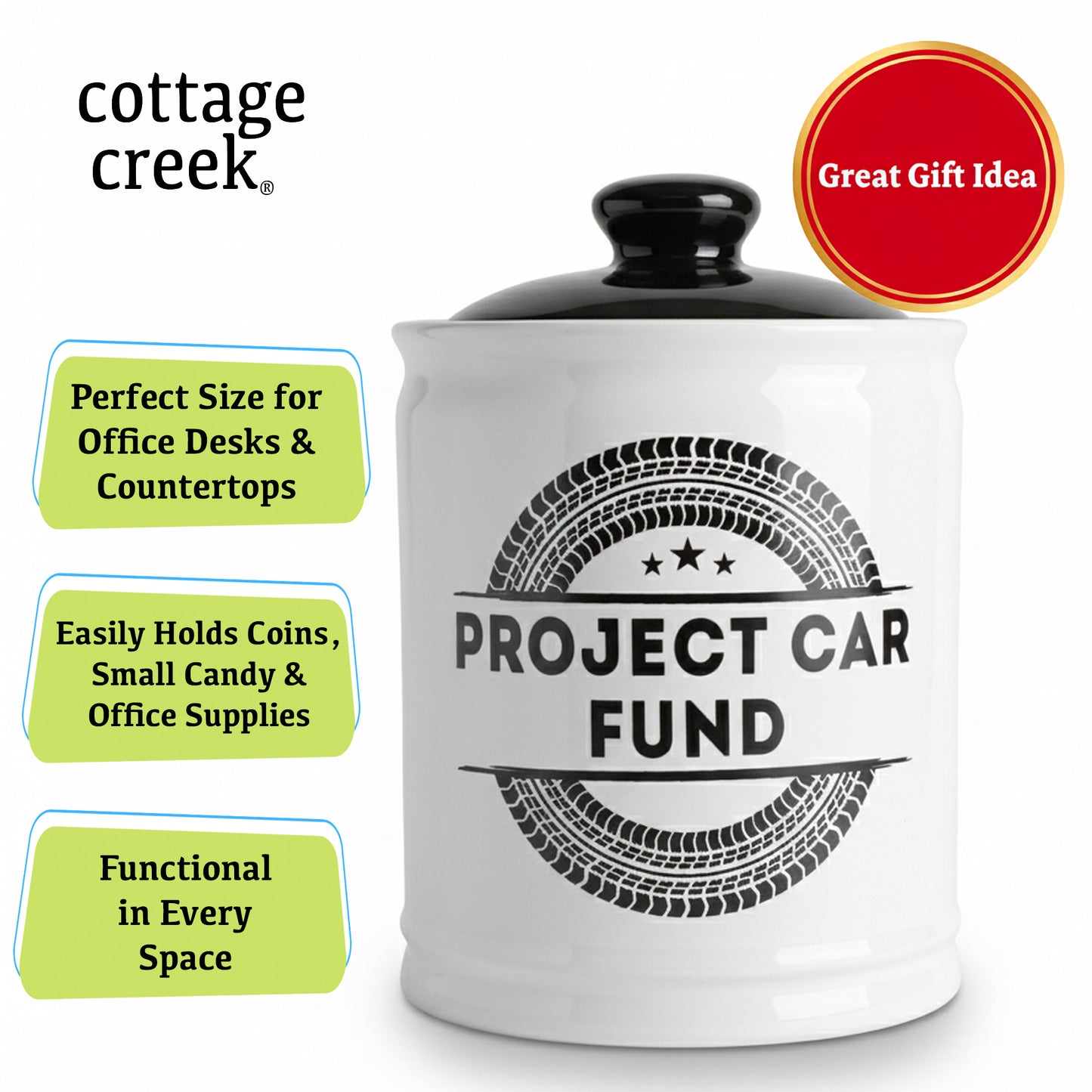 Cottage Creek Jars | Project Car Fund Piggy Bank | Car Accessories Ceramic Jar for Office & Home Decor | Stocking Stuffers & Christmas Gifts for Men, Teens, Women, Friends