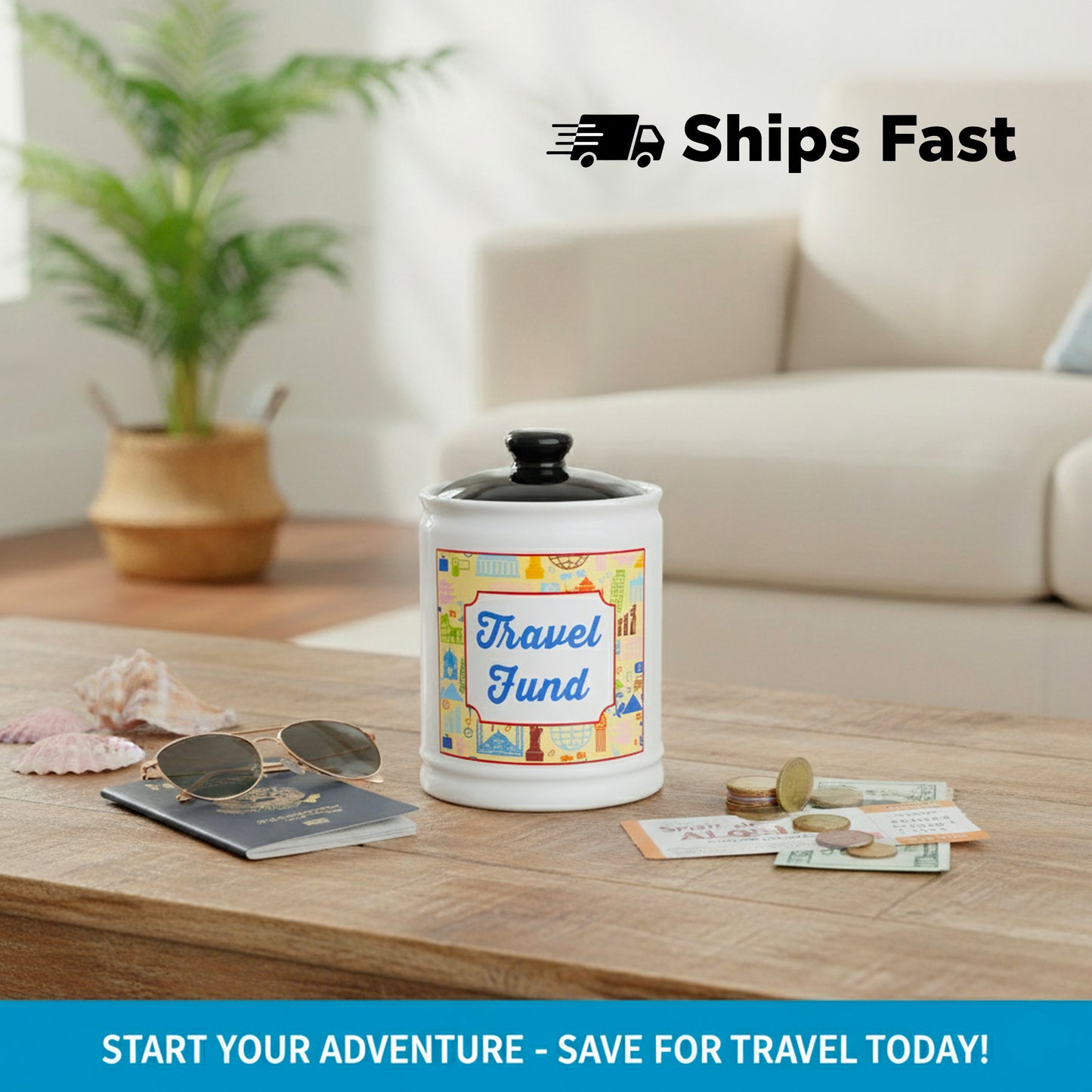 Cottage Creek Jars | Travel Piggy Bank - Ceramic Travel Essentials Money Jar | Ideal Birthday Gifts for Women, Mom, Dad | Road Trip, Cruise, Beach, Vacation Accessories Savings Bank