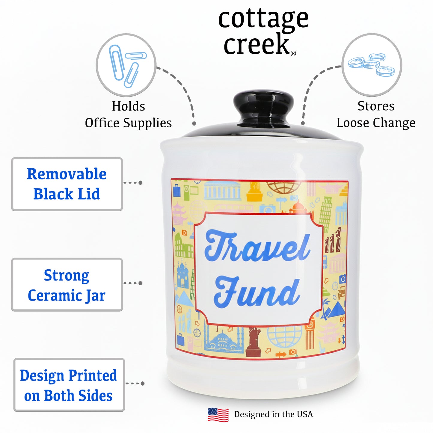 Cottage Creek Jars | Travel Piggy Bank - Ceramic Travel Essentials Money Jar | Ideal Birthday Gifts for Women, Mom, Dad | Road Trip, Cruise, Beach, Vacation Accessories Savings Bank