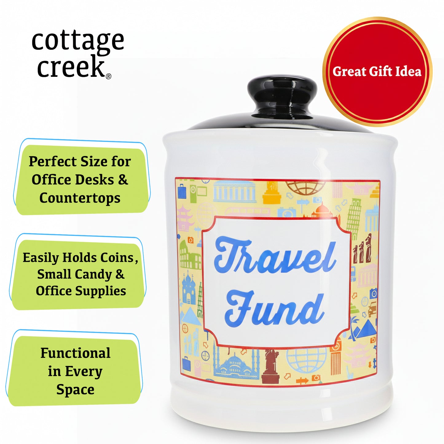 Cottage Creek Jars | Travel Piggy Bank - Ceramic Travel Essentials Money Jar | Ideal Birthday Gifts for Women, Mom, Dad | Road Trip, Cruise, Beach, Vacation Accessories Savings Bank