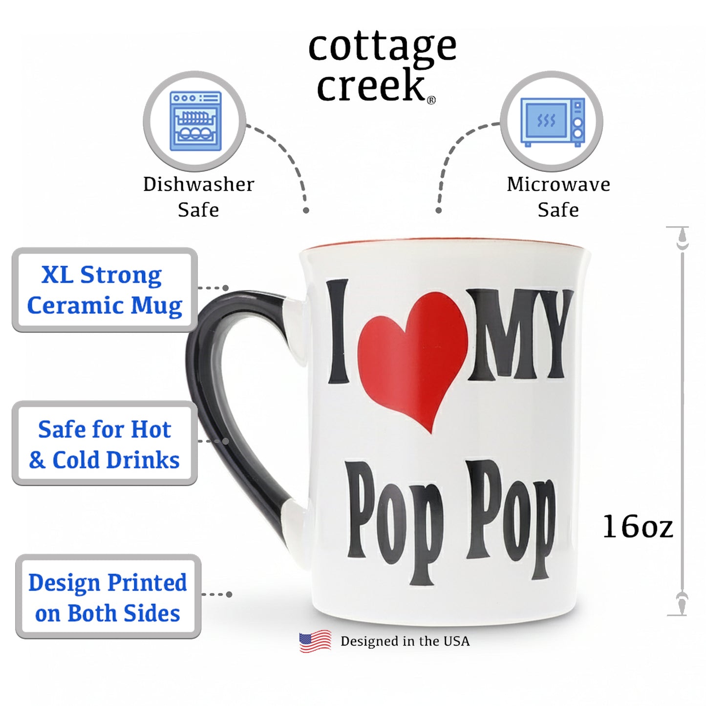 Cottage Creek Coffee Cup | 16oz I Love My Pop Pop Ceramic Coffee Mug | Extra Large Mens Mug for Home Decor, Kitchen & Desk | Fathers Day & Christmas Gifts for Men, Grandpa, Dad, Papaw, Papa