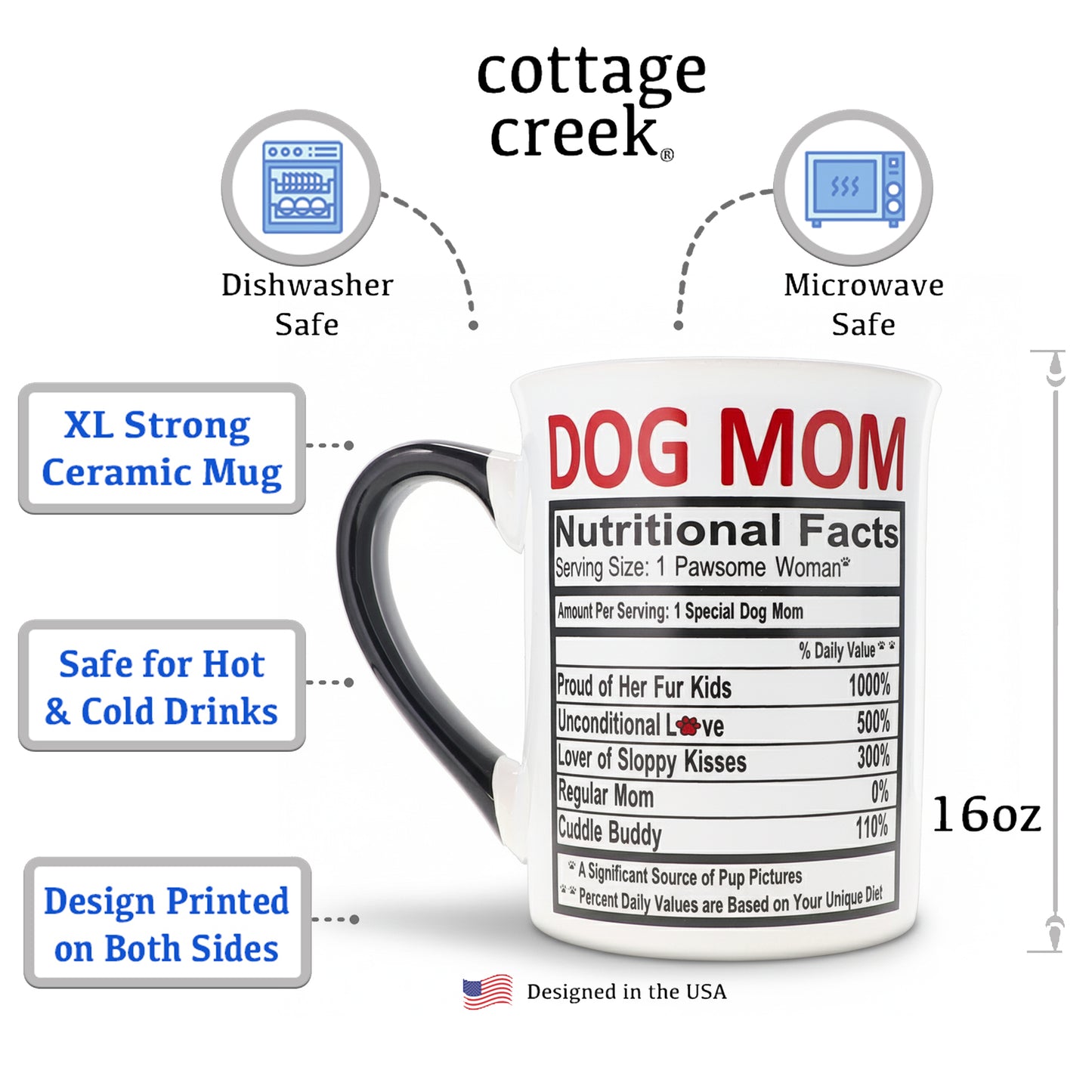 Cottage Creek Coffee Cups | Dog Mom 16oz Ceramic Coffee Mug | Ideal I Love My Dog Gifts for Women, Men | Funny Gifts for Mom, Dad, Girlfriend, Boyfriend