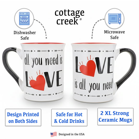 Cottage Creek Mugs | Mug Set of 2 16oz. Ceramic Coffee Cups | All You Need is Love Coffee Mugs for Men and Women | Perfect Couples Engagement, Bridal Shower, Wedding & Valentine's Day Gifts