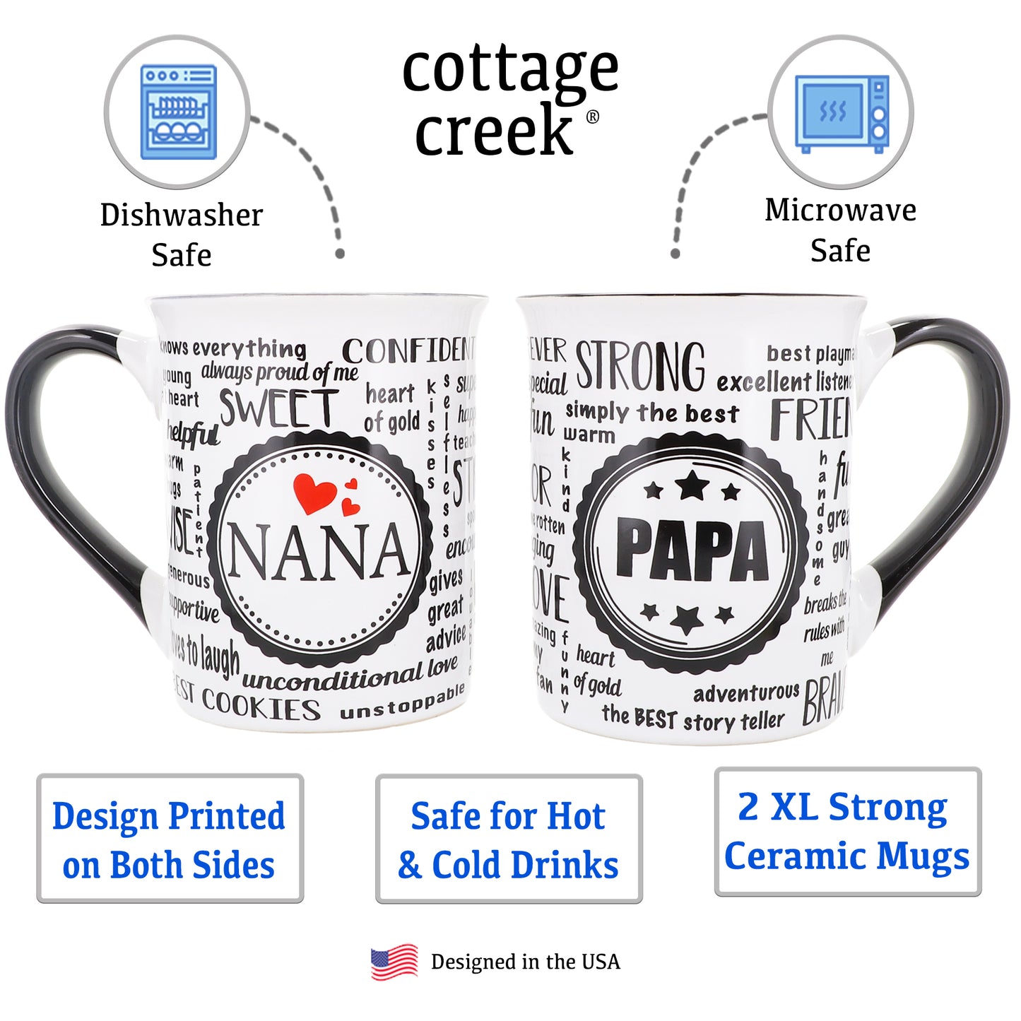Cottage Creek Nana Papa Set of 2 Ceramic, 16oz, Multicolored, Coffee Mugs