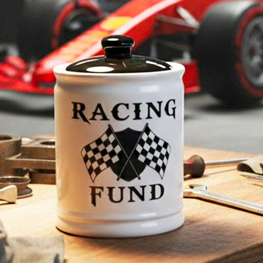 Cottage Creek Jars - Racing Fund Piggy Bank, 6" Black and White Money Bank Change Storage Containers with Lid, Race Car Gifts for Women and Men, Perfect for Motorcycle, Dirt Bike and Race Lovers