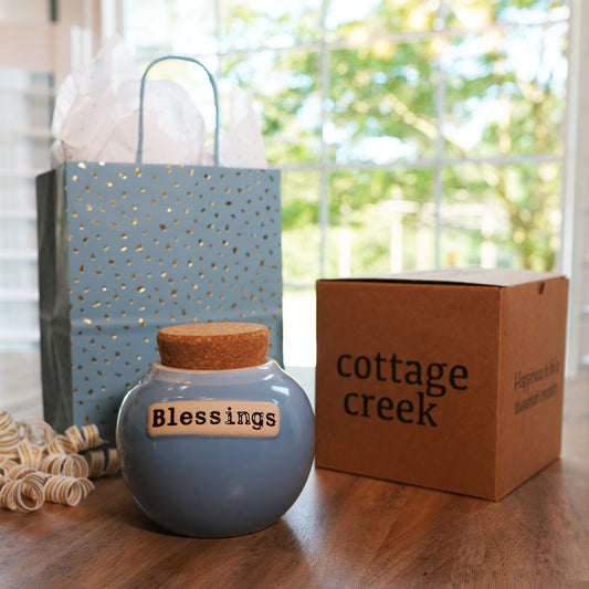Cottage Creek Blessings Jar, Light Blue, 6", Ceramic Keepsake Jar, Prayer Box, Gratitude Jar
