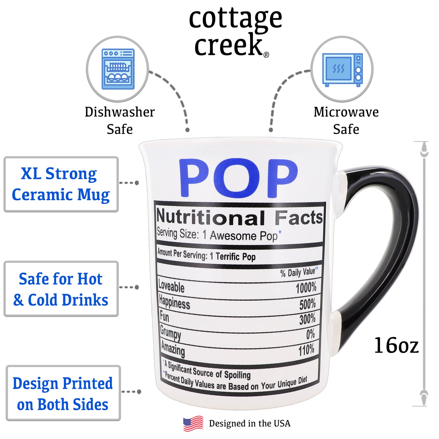 Cottage Creek Pop Mug, Pop Coffee Mug for Pop, 16oz., 6" Multicolored