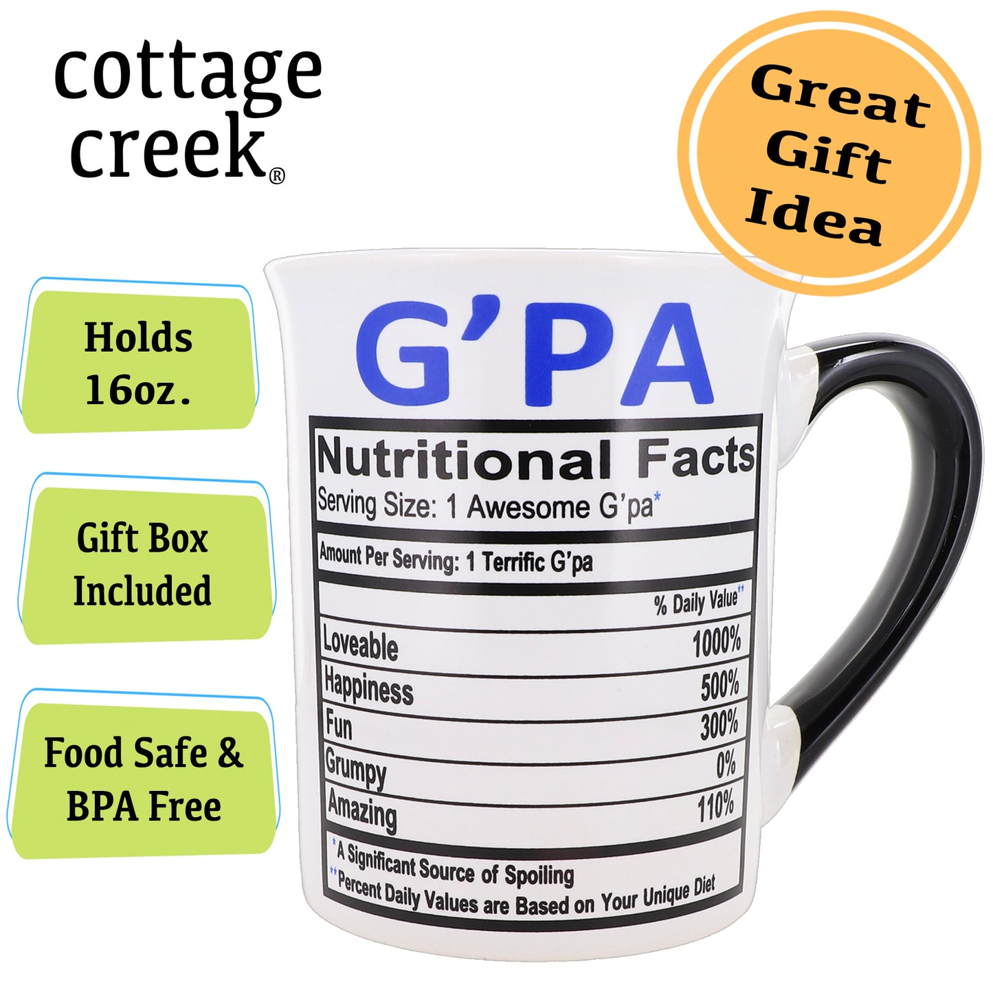 Cottage Creek Gpa Mug, 16oz. Ceramic Multicolored G'pa Mug for G-pa