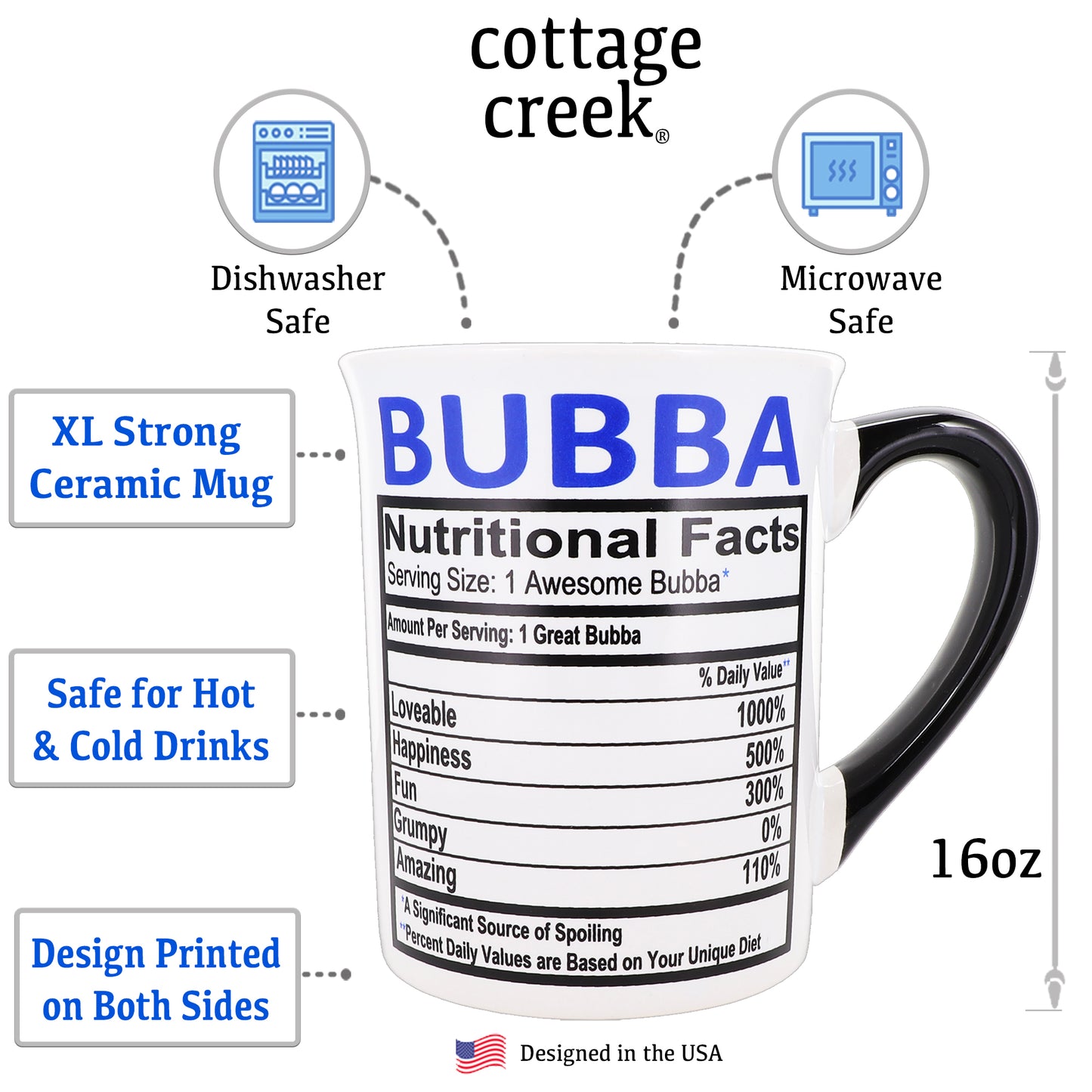 Cottage Creek Bubba Mug, Bubba Coffee Mug for Bubba, 16oz., 6" Multicolored