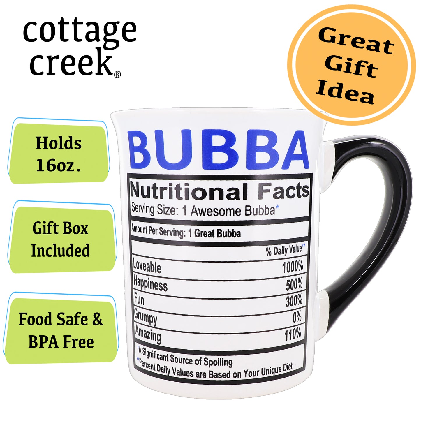 Cottage Creek Bubba Mug, Bubba Coffee Mug for Bubba, 16oz., 6" Multicolored