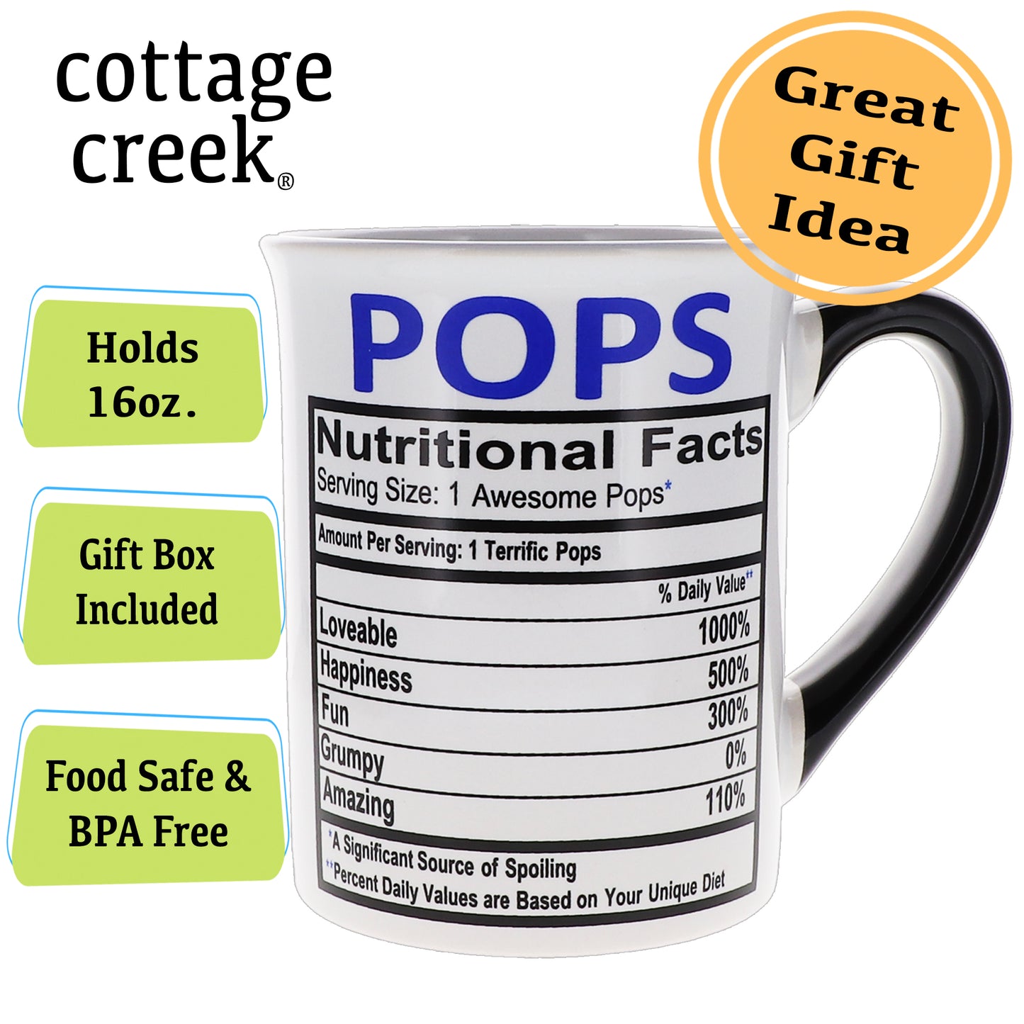 Cottage Creek Pops Mug, Pops Coffee Mug for Pops, 16oz., 6" Multicolored