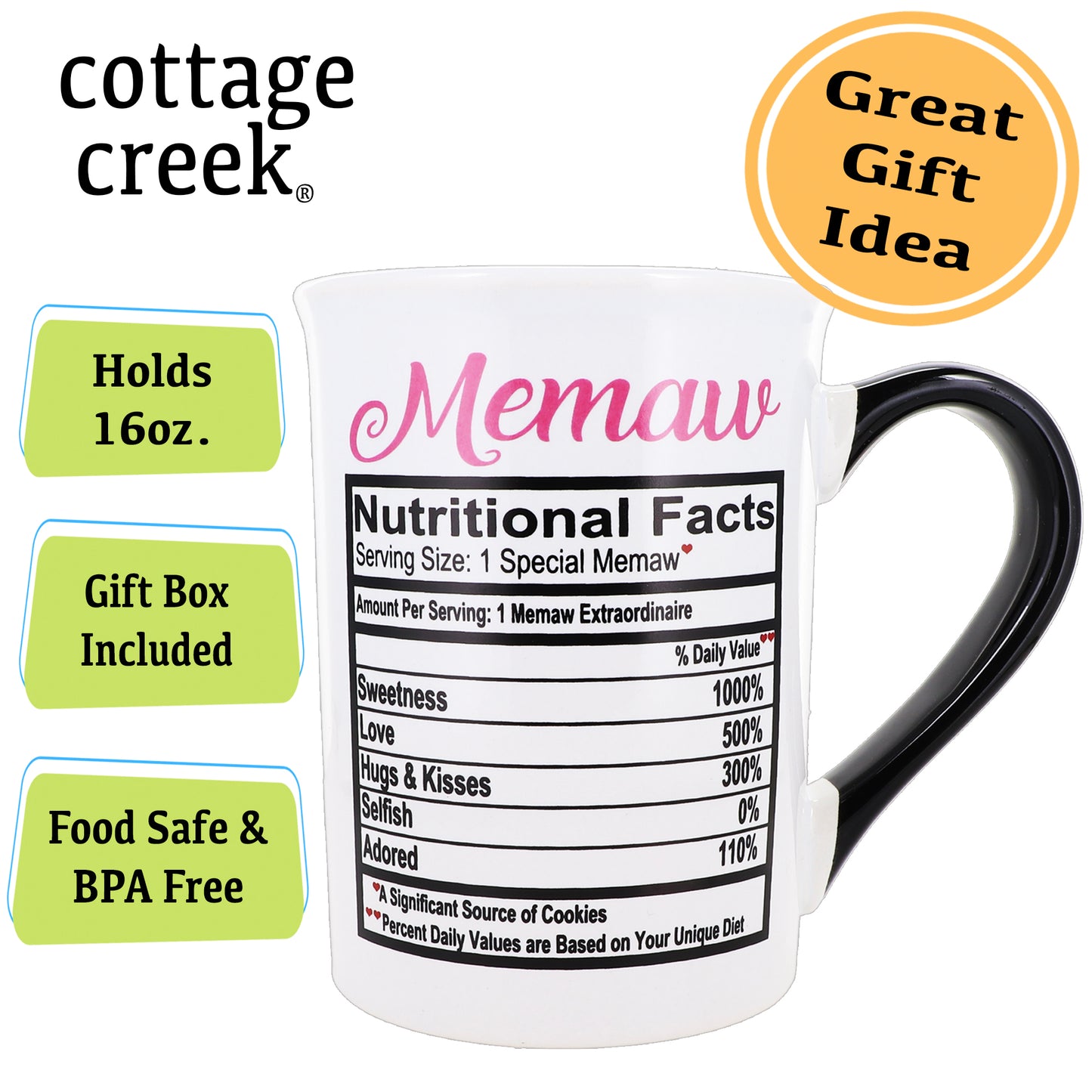 Cottage Creek Memaw Mug, Memaw Coffee Mug for Memaw, 16oz., 6" Multicolored