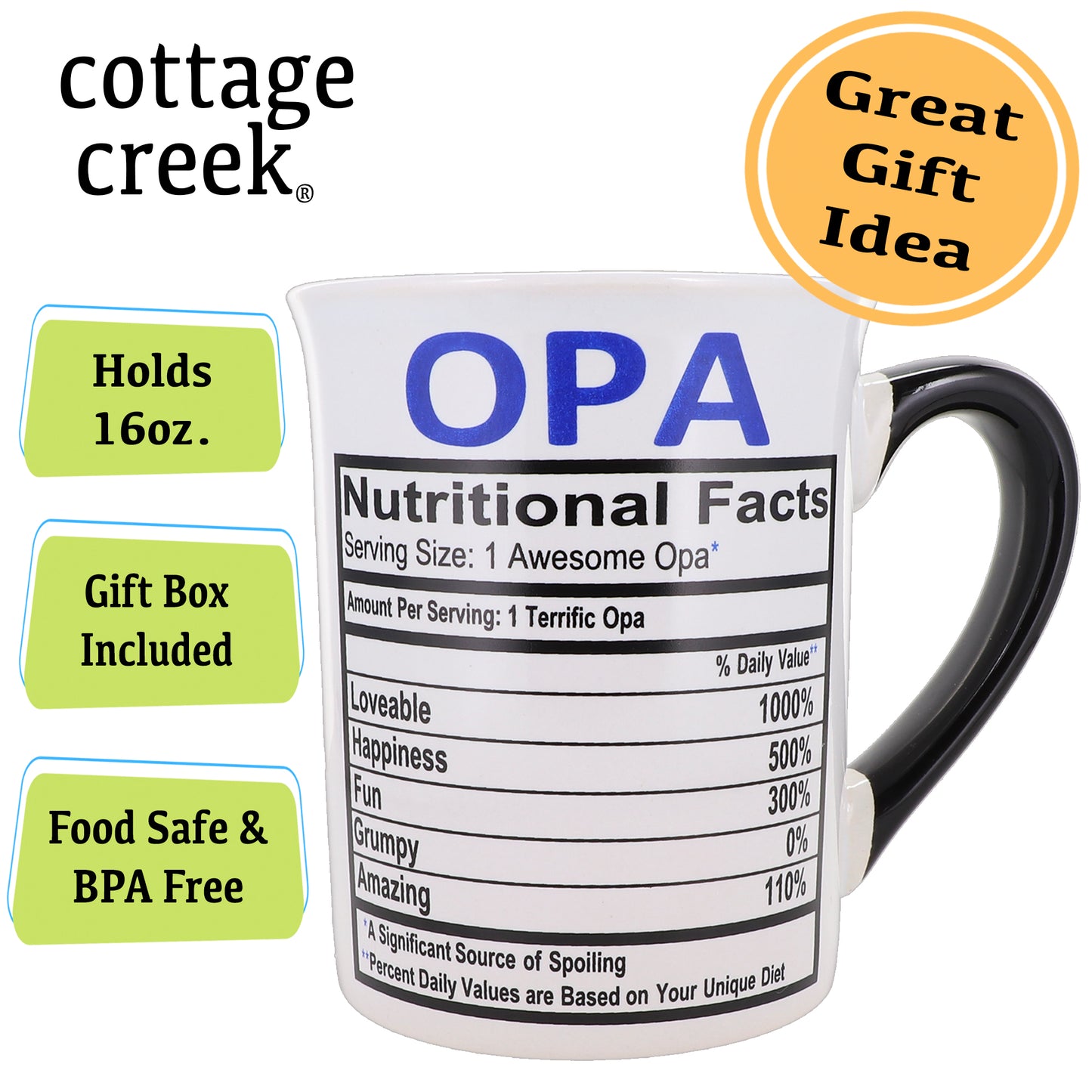Cottage Creek Opa Mug, Opa Coffee Mug for Opa, 16oz., 6" Multicolored