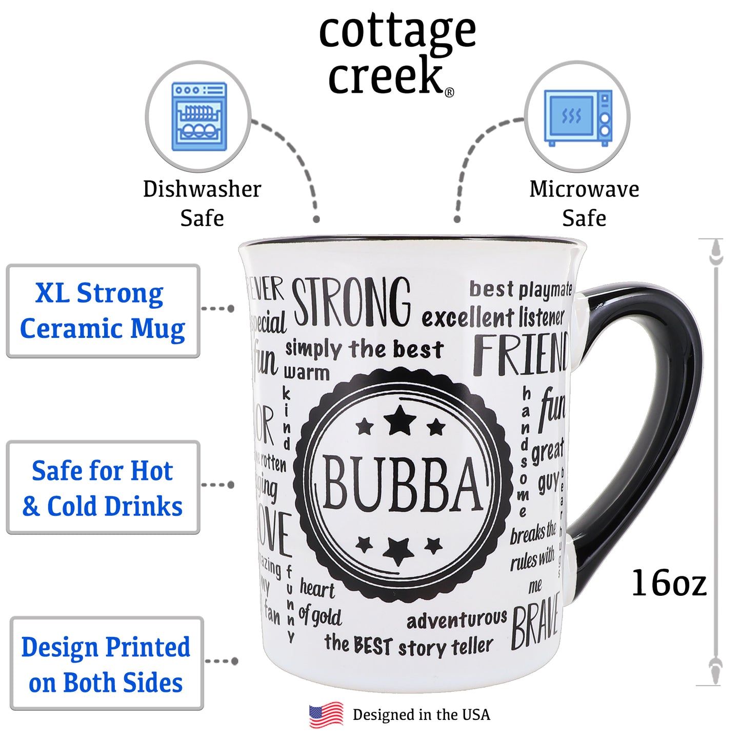 Cottage Creek Bubba Mug, Bubba Coffee Mug for Bubba, 16oz., 6" Multicolored