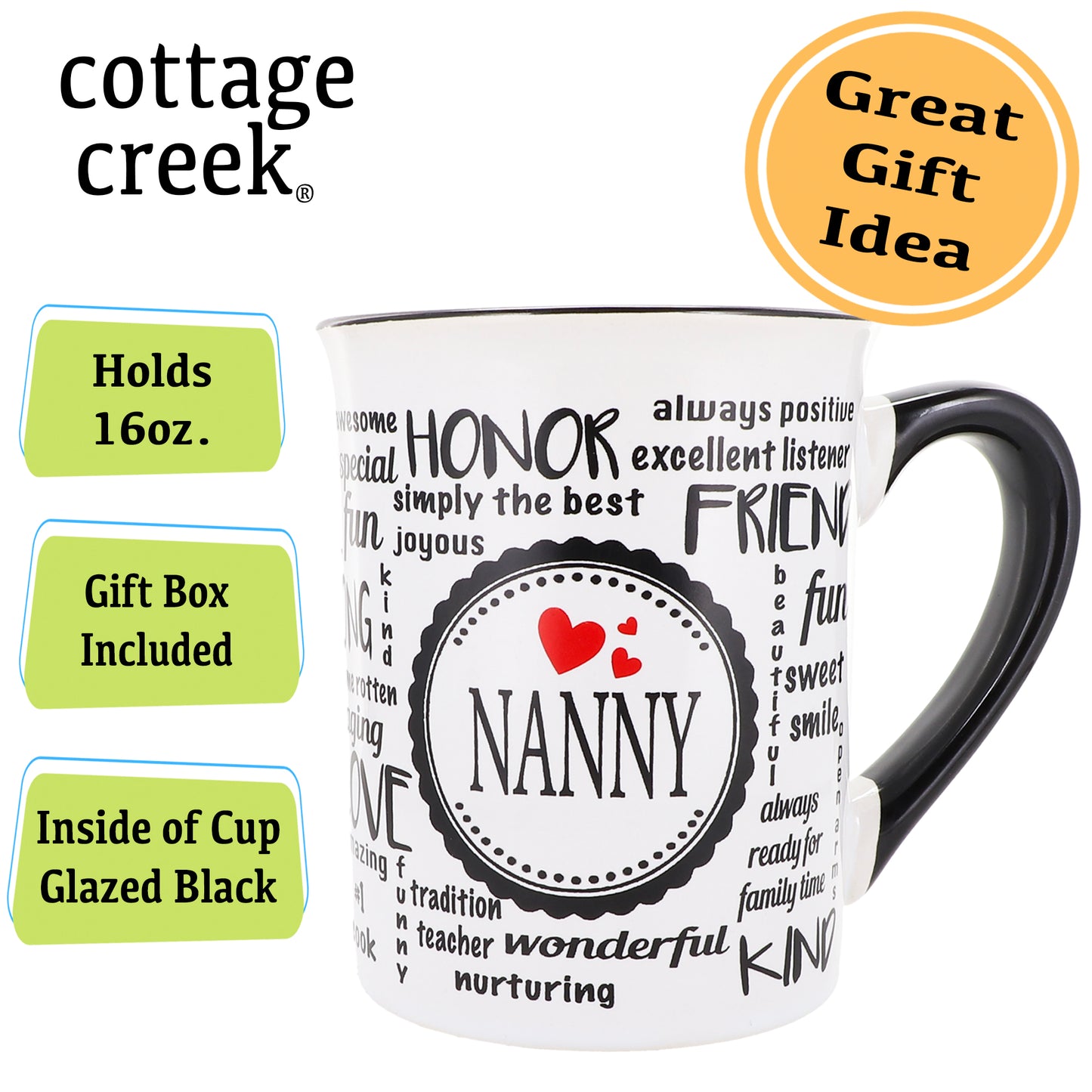 Cottage Creek Nanny Mug, Nanny Coffee Mug, Ceramic 16oz., 6" Multicolored