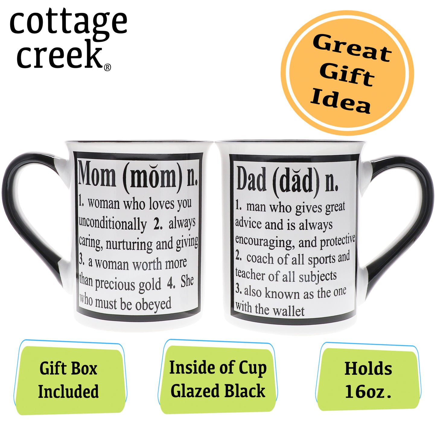 Cottage Creek Mom and Dad Mugs, Set of Two Multicolored, Ceramic, 6" Parent Coffee Mugs
