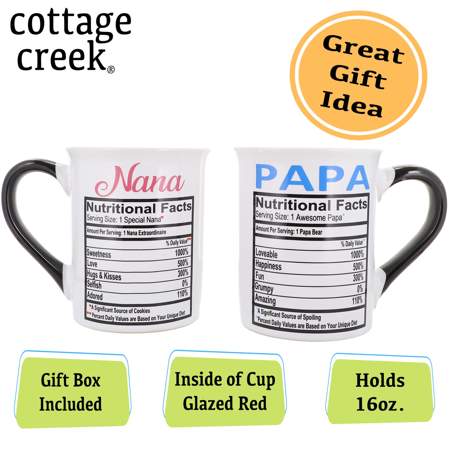 Cottage Creek Nana Papa Mugs, Set of Two 16oz. Ceramic Coffee Mugs, Grandparent Gifts