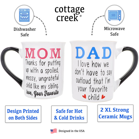 Cottage Creek Favorite Child Mugs, Mom Dad Set of 2 Ceramic Coffee Mugs, Funny Mugs
